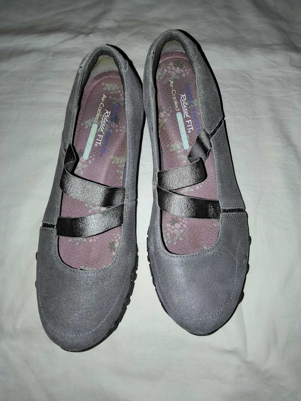 Skechers Gray Mary Jane Comfort Flats with Cross Straps